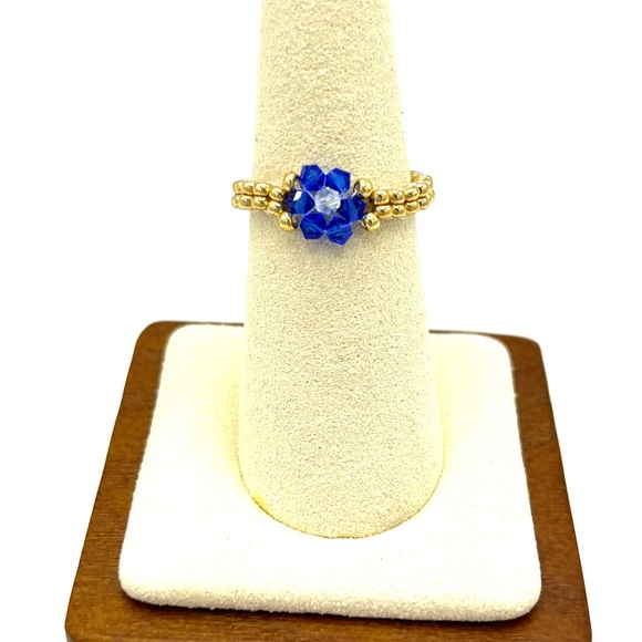 HAND CRAFTED Blue Crystal and Gold Beaded Ring - Picture 3 of 3